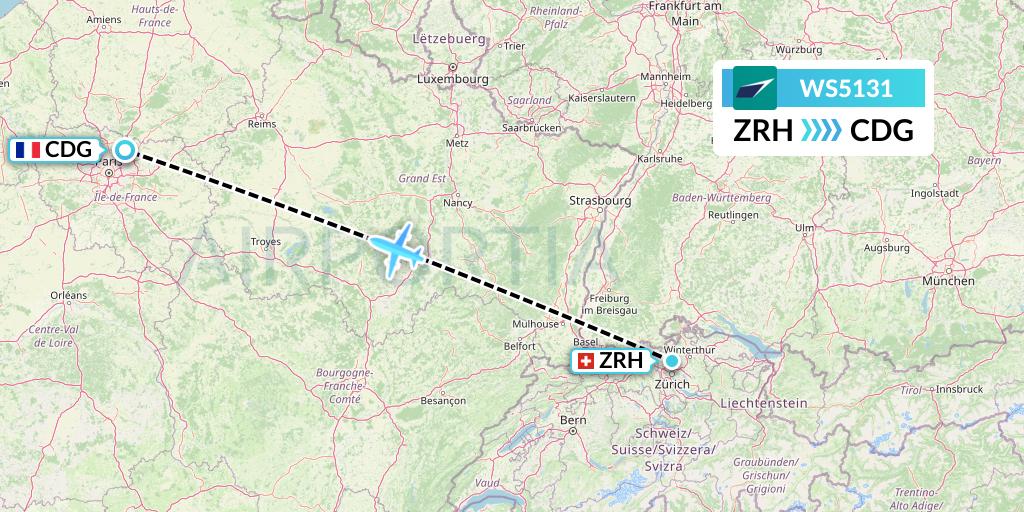 WS5131 WestJet Flight Map: Zurich to Paris