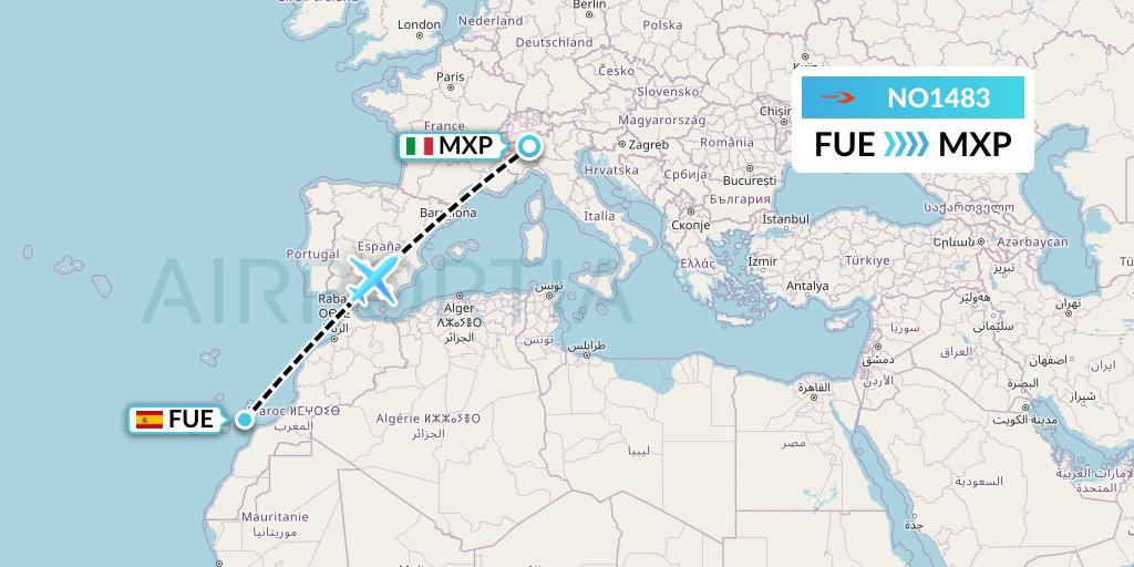 NO1483 Neos Flight Map: Fuerteventura to Milan