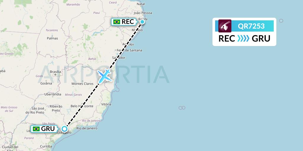 QR7253 Qatar Airways Flight Map: Recife to Sao Paulo