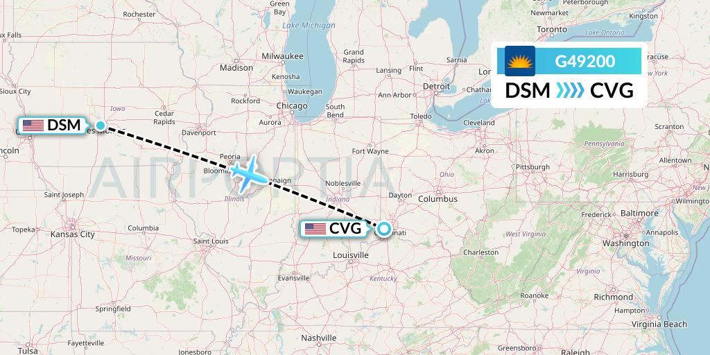 G49200 Allegiant Air Flight Map: Des Moines to Cincinnati