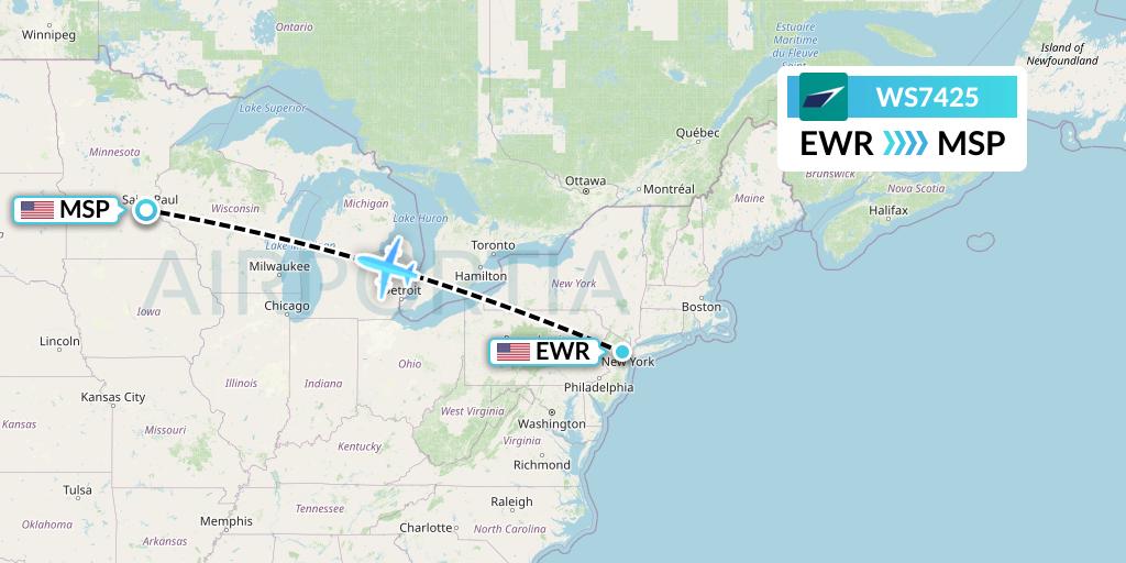 WS7425 WestJet Flight Map: New York to Minneapolis