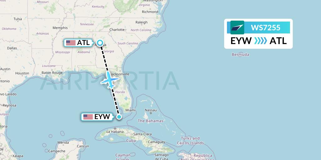 WS7255 WestJet Flight Map: Key West to Atlanta