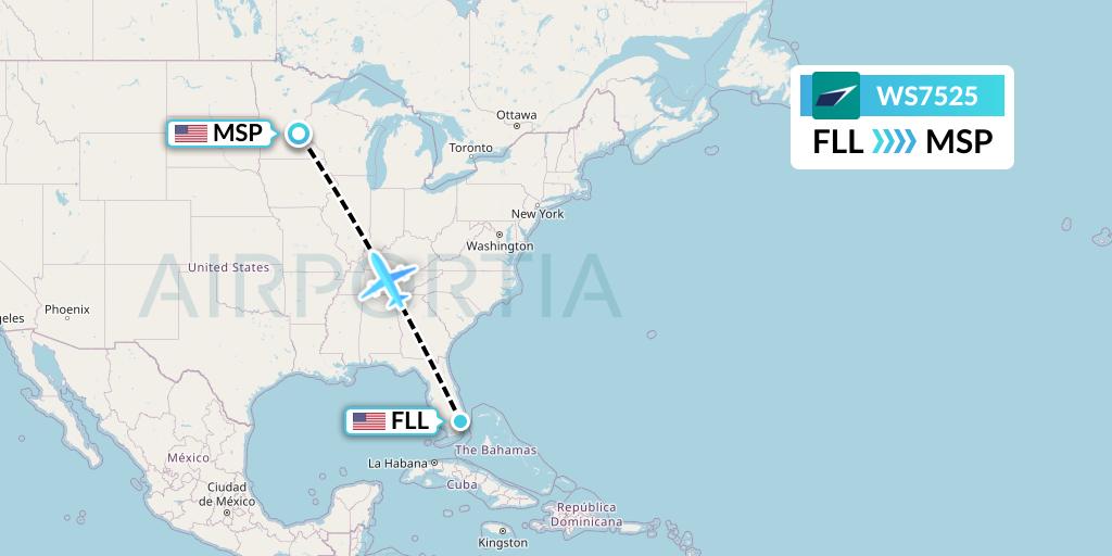 WS7525 WestJet Flight Map: Fort Lauderdale to Minneapolis