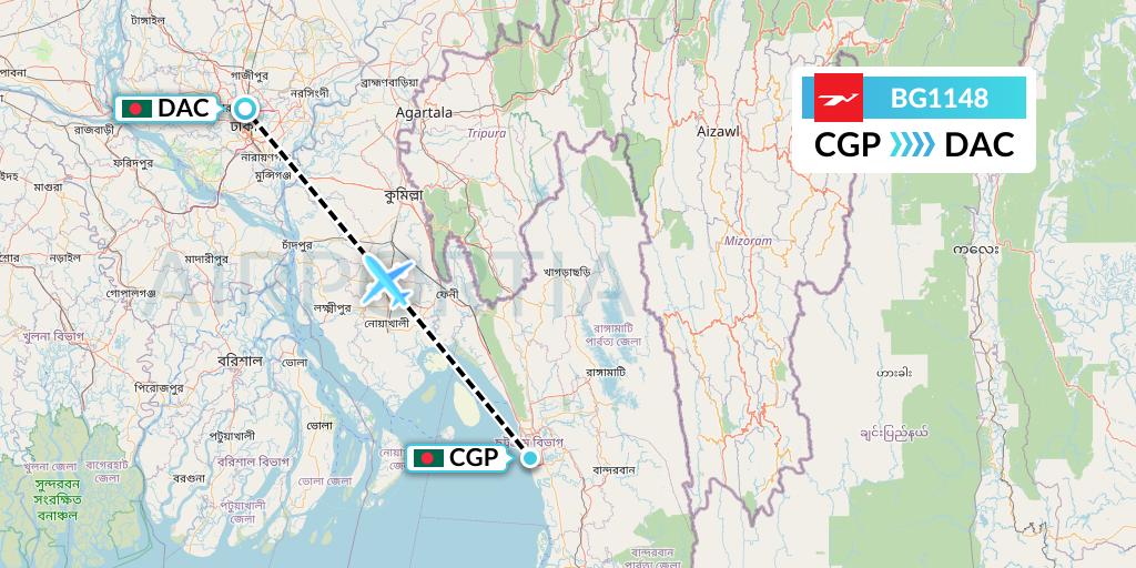 BG1148 Biman Bangladesh Airlines Flight Map: Chittagong to Dhaka