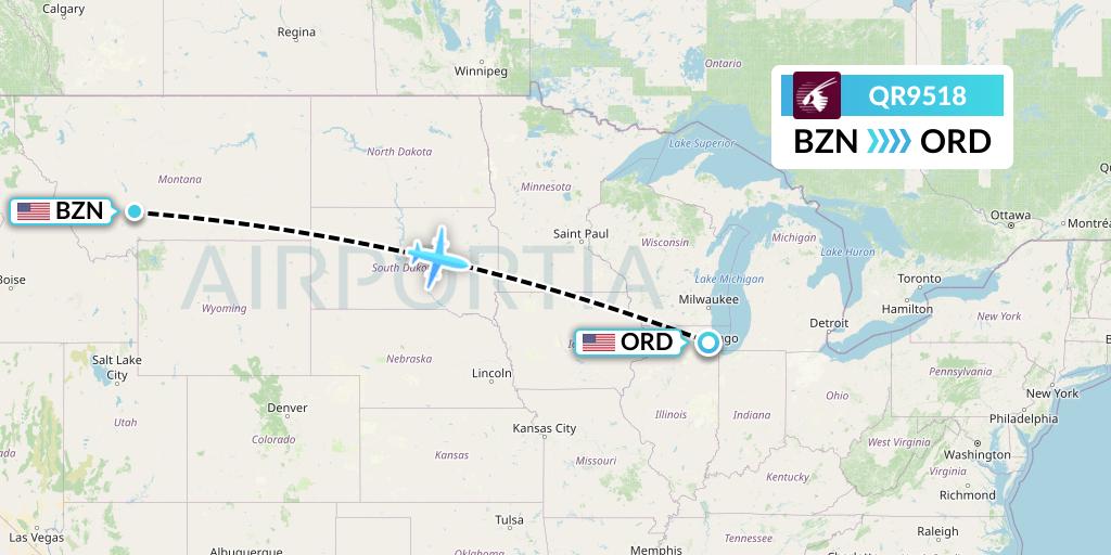QR9518 Qatar Airways Flight Map: Bozeman to Chicago