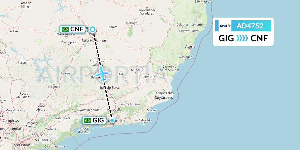 AD4752 Azul Brazilian Airlines Flight Map: Rio de Janeiro to Belo Horizonte