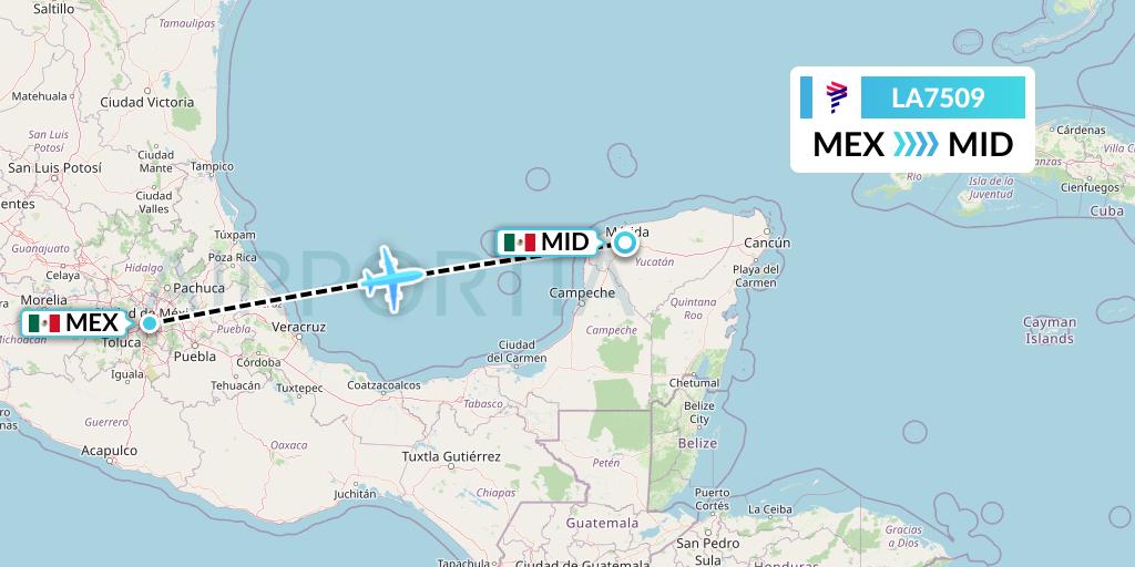 LA7509 LAN Airlines Flight Map: Mexico City to Merida