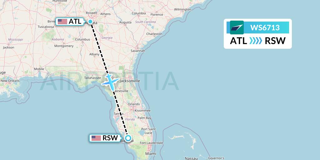 WS6713 WestJet Flight Map: Atlanta to Fort Myers
