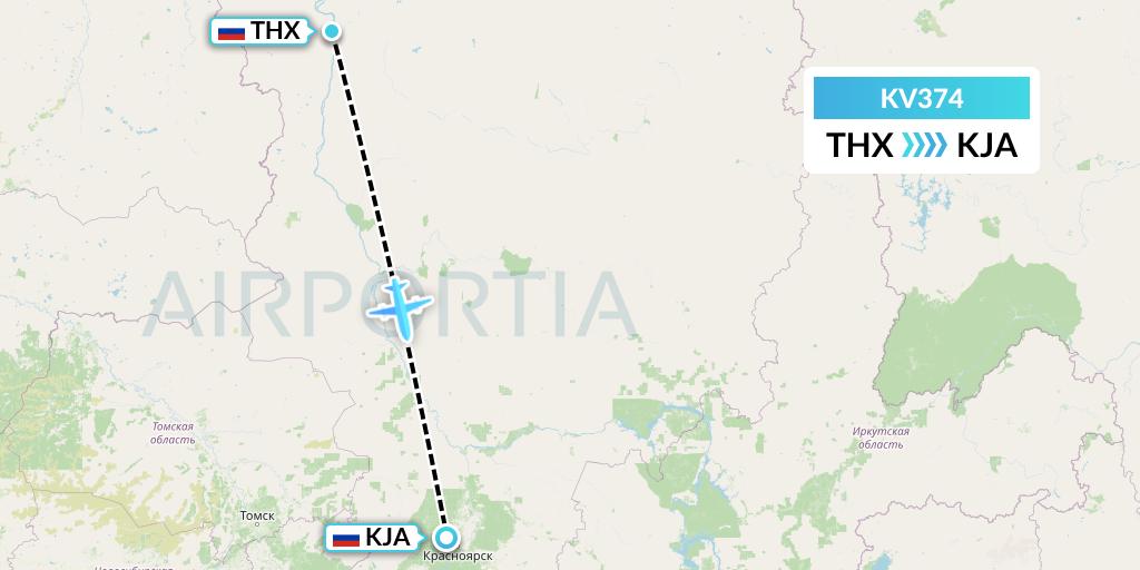 KV374 KrasAvia Flight Map: Turukhansk to Krasnoyarsk