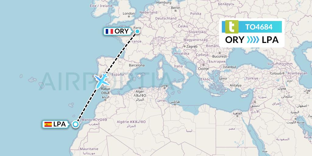 TO4684 Transavia France Flight Map: Paris to Las Palmas