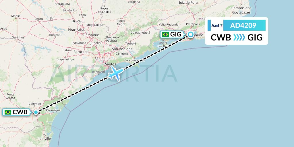 AD4209 Azul Brazilian Airlines Flight Map: Curitiba to Rio de Janeiro
