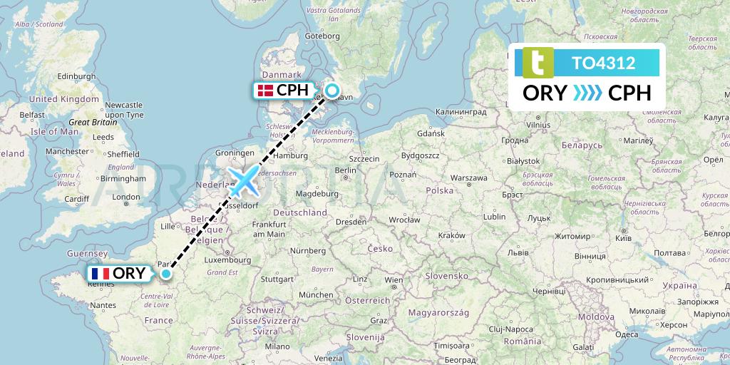 TO4312 Transavia France Flight Map: Paris to Copenhagen