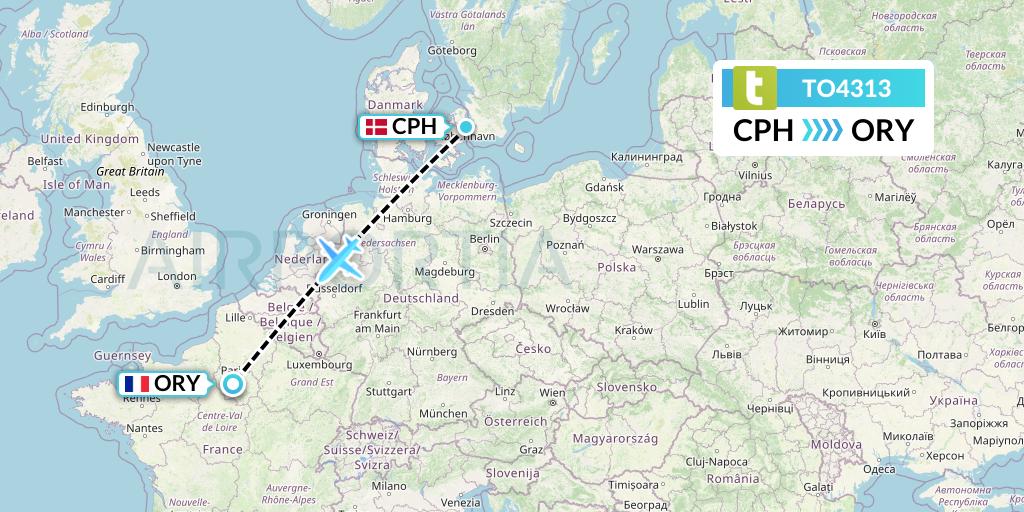 TO4313 Transavia France Flight Map: Copenhagen to Paris