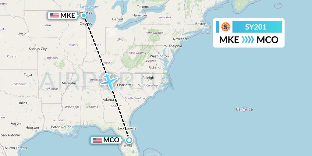 SY201 Sun Country Airlines Flight Map: Milwaukee to Orlando
