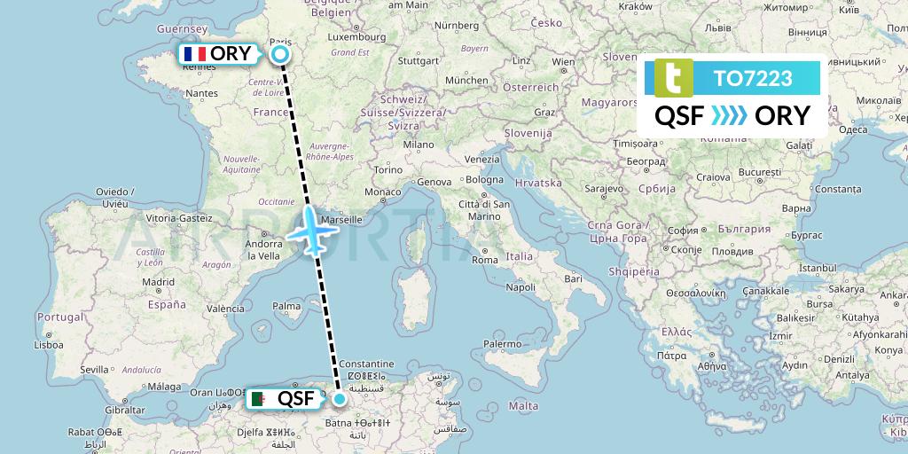 TO7223 Transavia France Flight Map: Setif to Paris