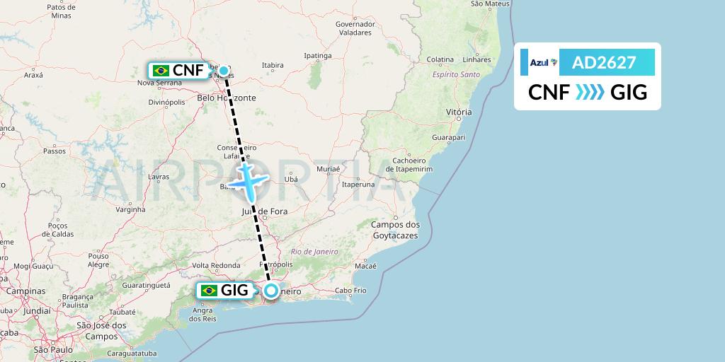 AD2627 Azul Brazilian Airlines Flight Map: Belo Horizonte to Rio de Janeiro