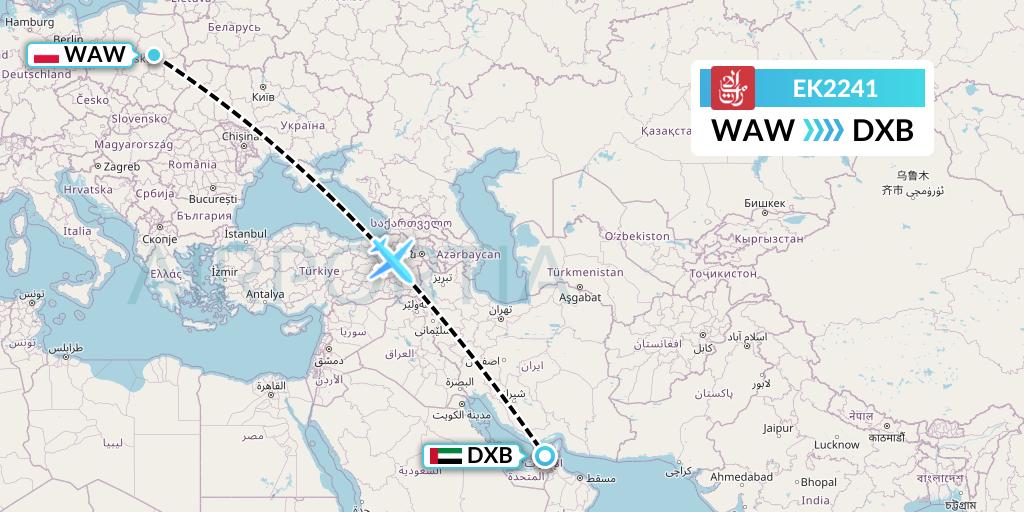 EK2241 Emirates Flight Map: Warsaw to Dubai