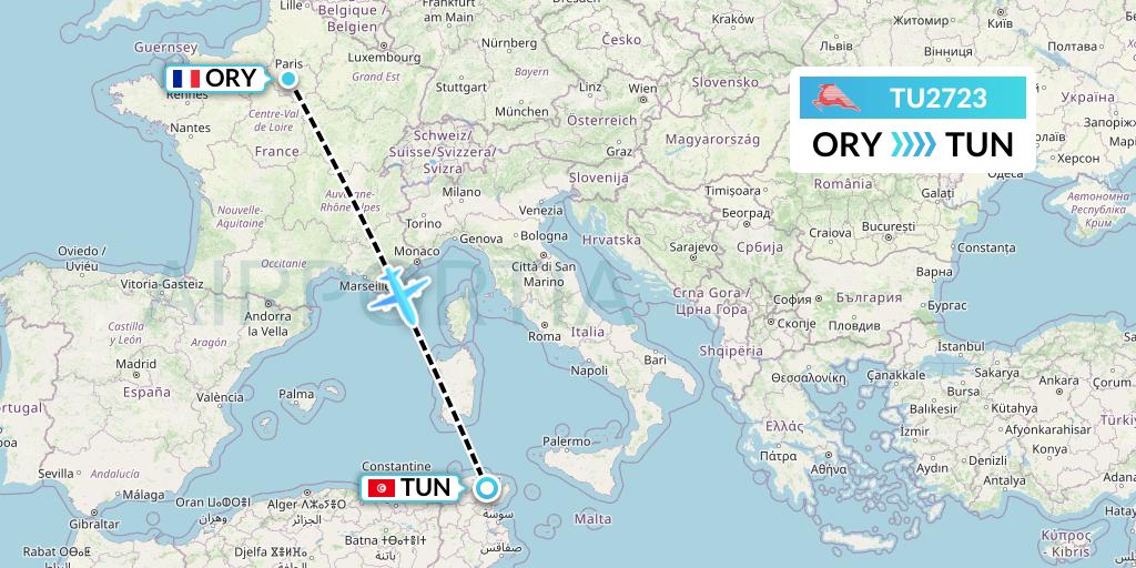 TU2723 Tunisair Flight Map: Paris to Tunis