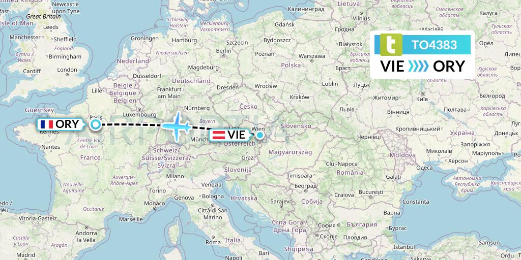 TO4383 Transavia France Flight Map: Vienna to Paris