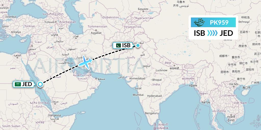 PK959 Pakistan International Airlines Flight Map: Islamabad to Jeddah