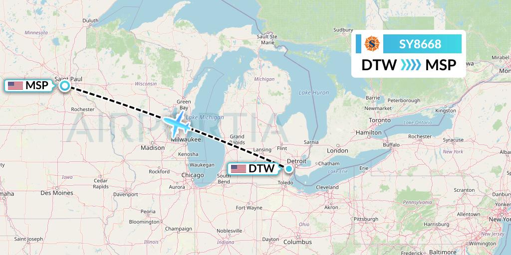 SY8668 Sun Country Airlines Flight Map: Detroit to Minneapolis
