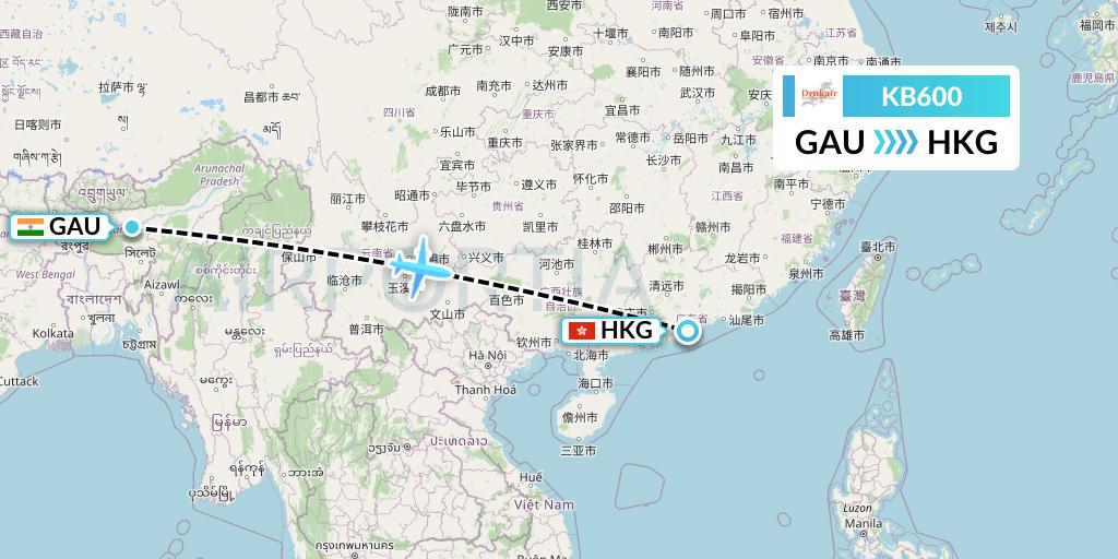 KB600 Druk Air Flight Map: Guwahati to Hong Kong