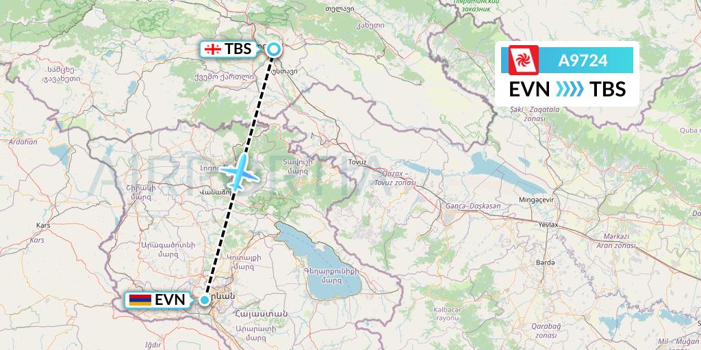A9724 Georgian Airways Flight Map: Yerevan to Tbilisi