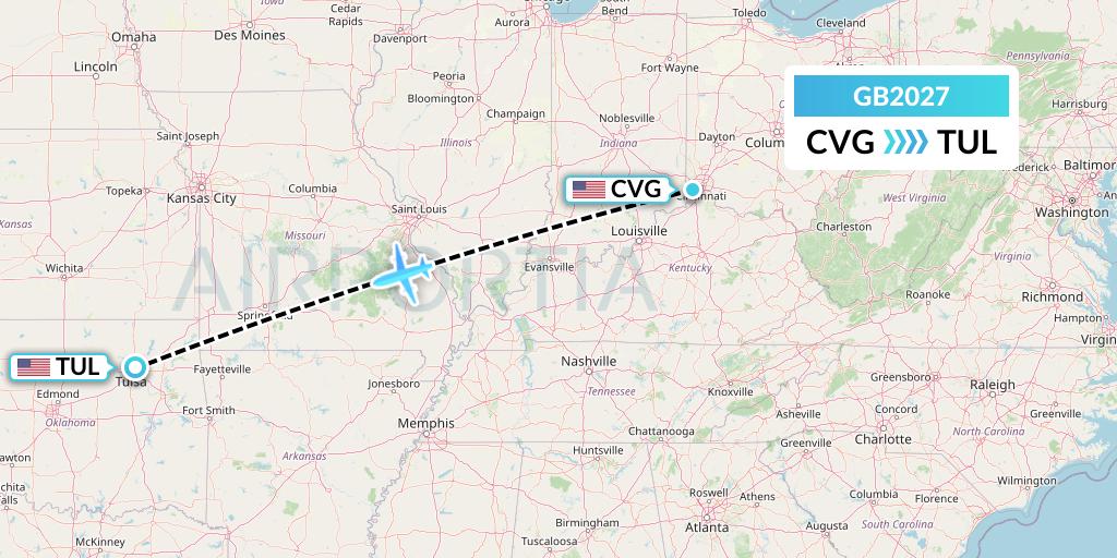 GB2027 ABX Air Flight Map: Cincinnati to Tulsa