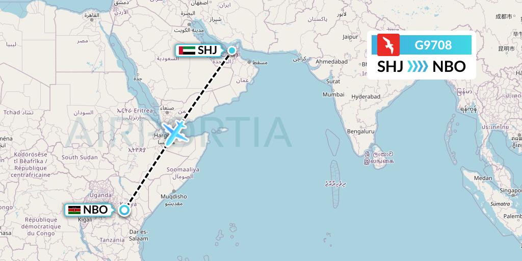 G9708 Air Arabia Flight Map: Sharjah to Nairobi