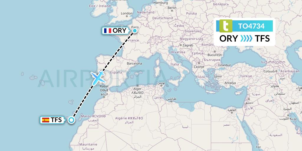TO4734 Transavia France Flight Map: Paris to Tenerife