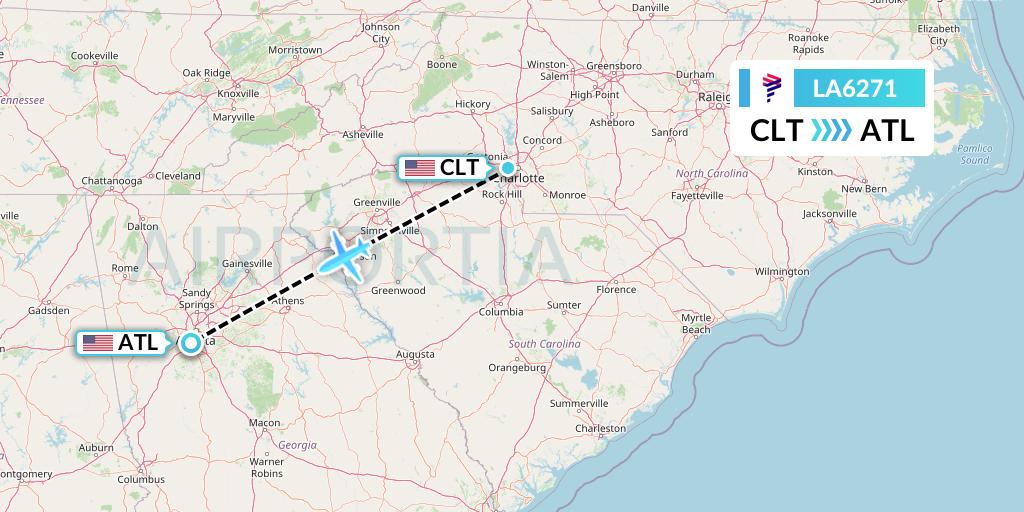 LA6271 LAN Airlines Flight Map: Charlotte to Atlanta