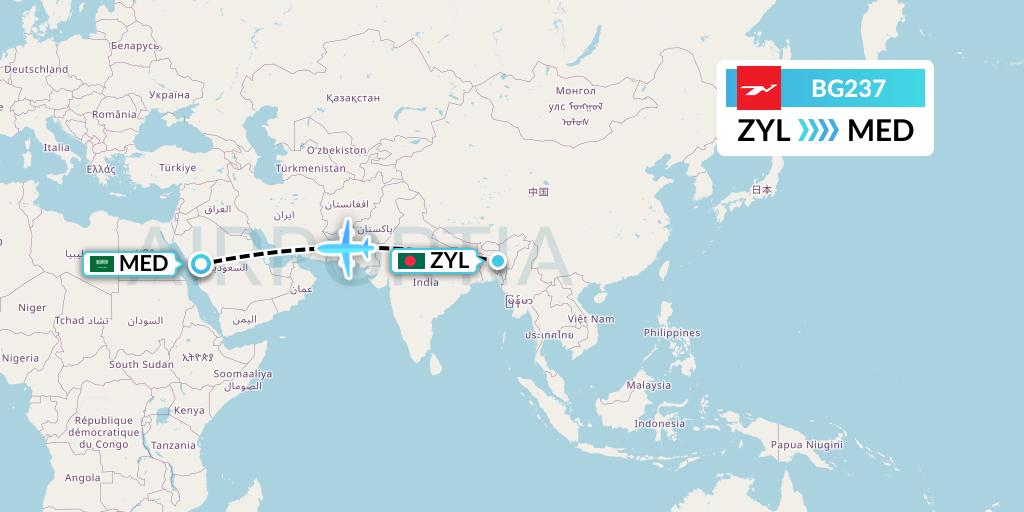BG237 Biman Bangladesh Airlines Flight Map: Sylhet to Medina