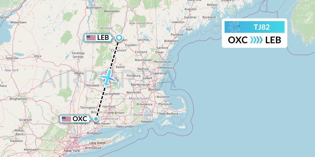 TJ82 Tradewind Aviation Flight Map: Oxford to Lebanon