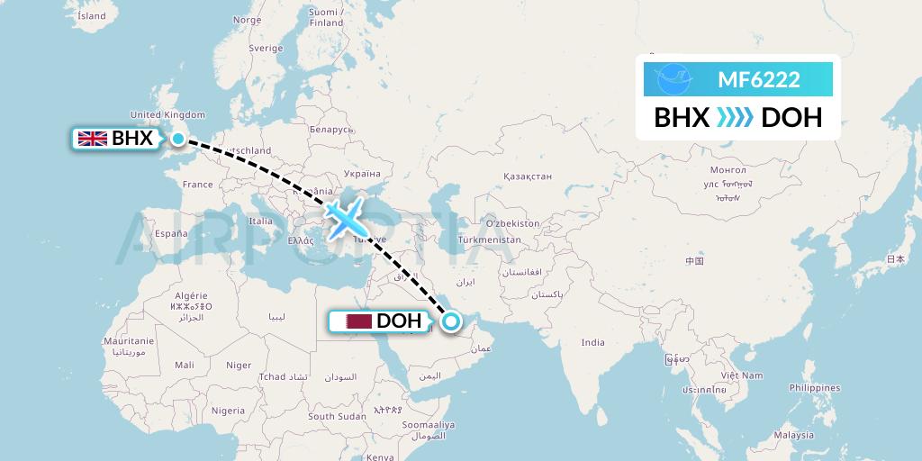 MF6222 Xiamen Airlines Flight Map: Birmingham to Doha