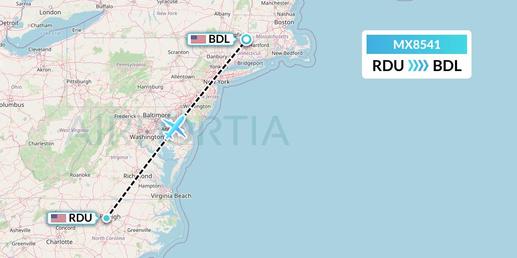 MX8541 Breeze Airways Flight Map: Raleigh-Durham to Windsor Locks