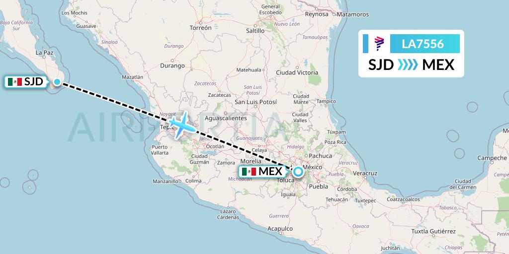 LA7556 LAN Airlines Flight Map: San Jose del Cabo to Mexico City