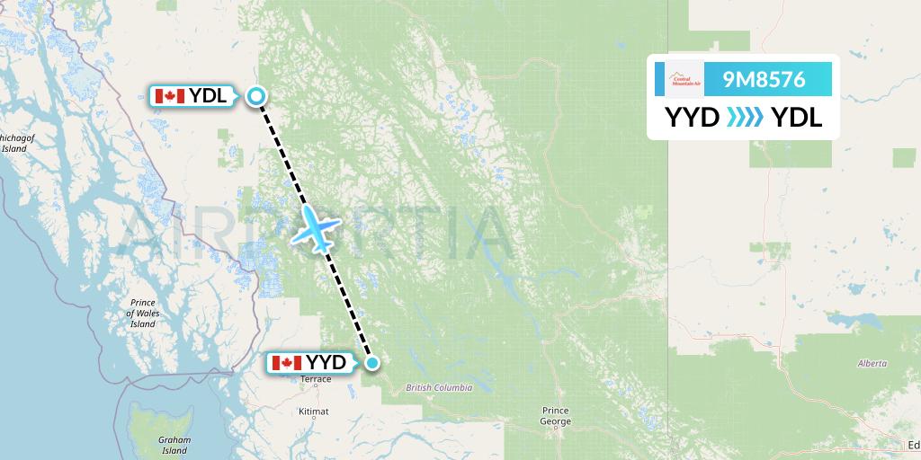 9M8576 Central Mountain Air Flight Map: Smithers to Dease Lake