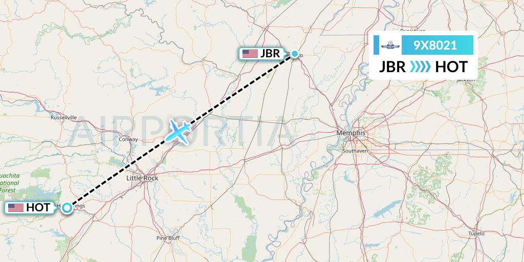 9X8021 Southern Airways Express Flight Map: Jonesboro to Hot Springs