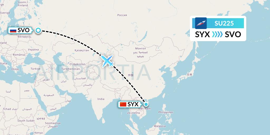 SU225 Aeroflot Flight Map: Sanya to Moscow
