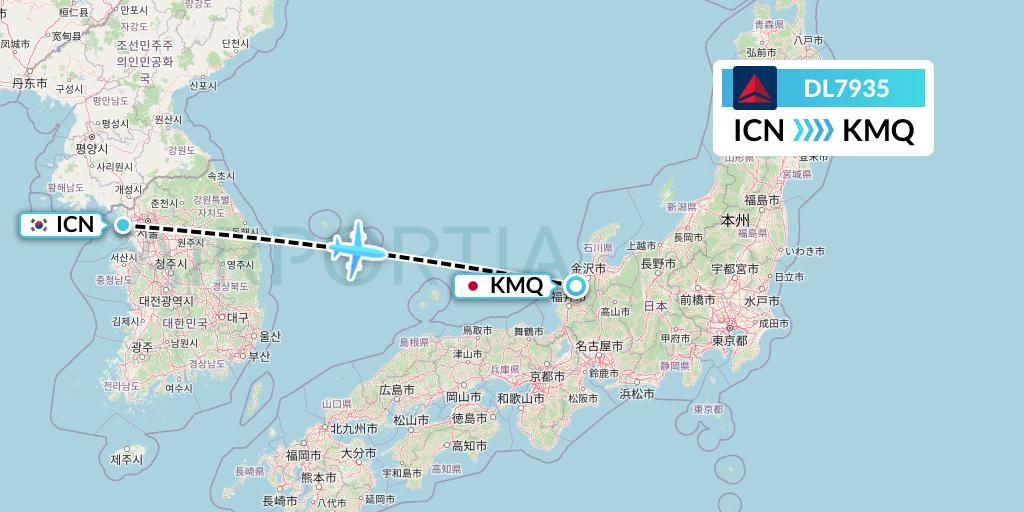 DL7935 Delta Air Lines Flight Map: Seoul to Komatsu