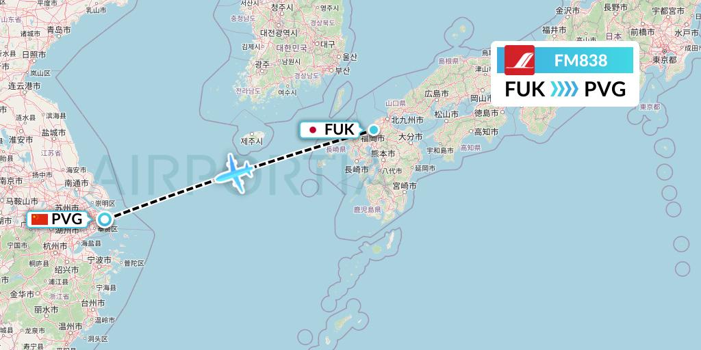 FM838 Shanghai Airlines Flight Map: Fukuoka to Shanghai