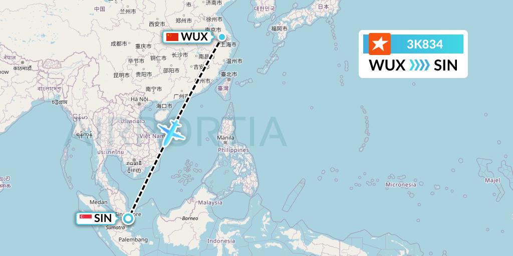 3K834 Jetstar Asia Flight Map: Wuxi to Singapore