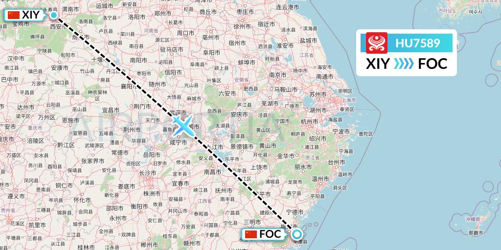 HU7589 Hainan Airlines Flight Map: Xi'an to Fuzhou