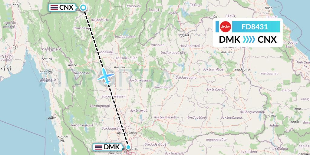 FD8431 Thai AirAsia Flight Map: Bangkok to Chiang Mai