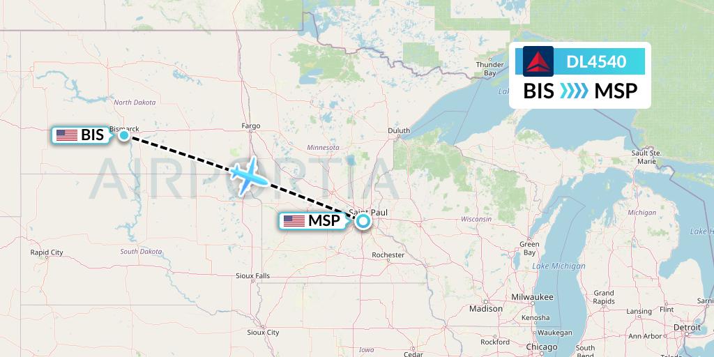 DL4540 Delta Air Lines Flight Map: Bismarck to Minneapolis