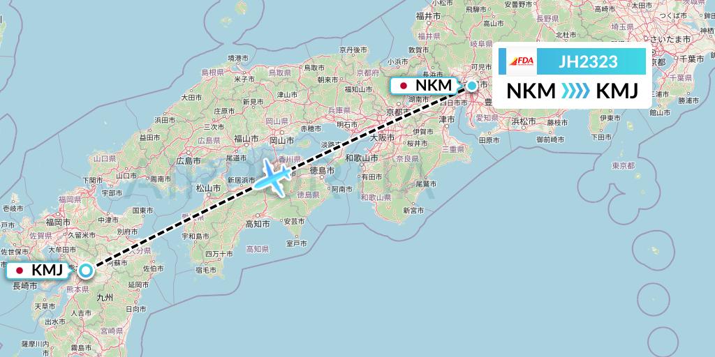 JH2323 Fuji Dream Airlines Flight Map: Nagoya to Kumamoto