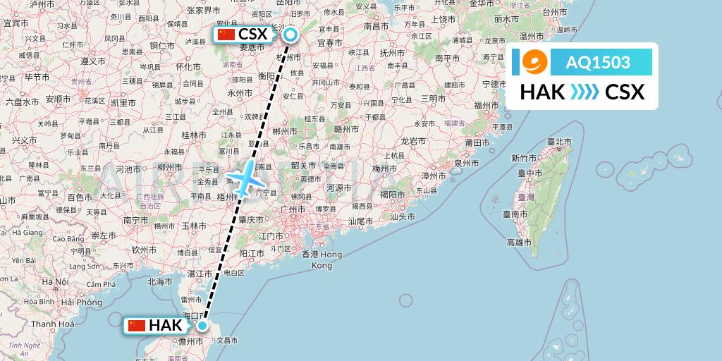 AQ1503 9 Air Flight Map: Haikou to Changsha