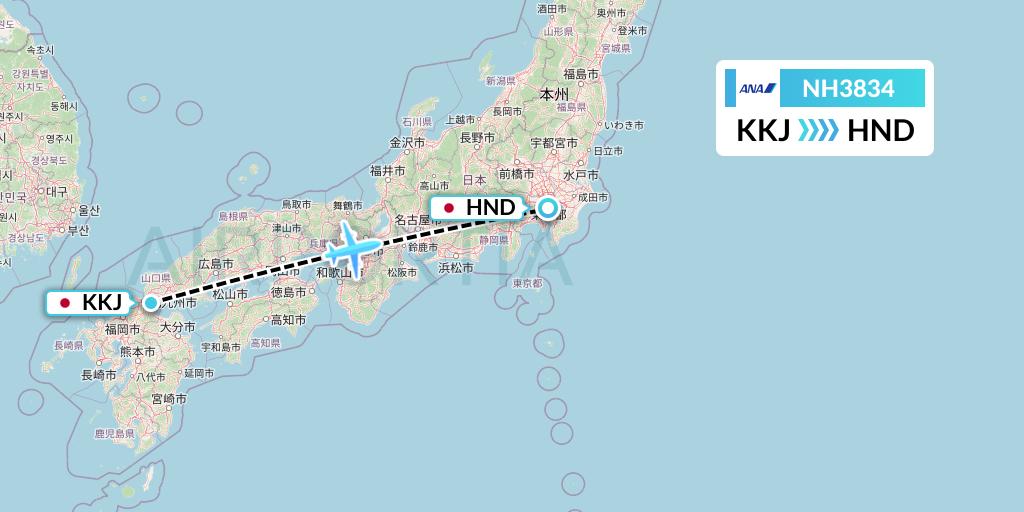 NH3834 All Nippon Airways Flight Map: Kitakyushu to Tokyo