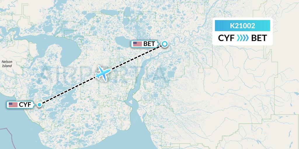 K21002 Yute Commuter Service Flight Map: Chefornak to Bethel