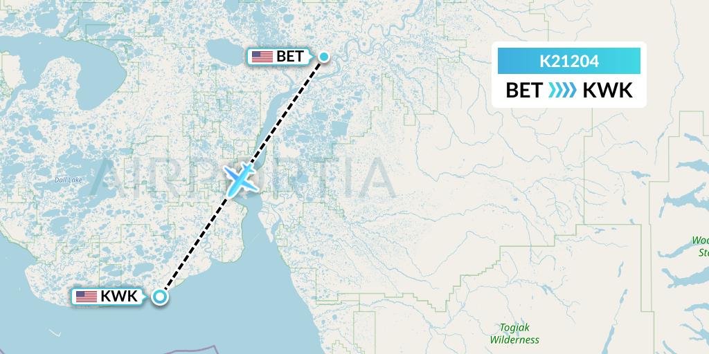 K21204 Yute Commuter Service Flight Map: Bethel to Kwigillingok